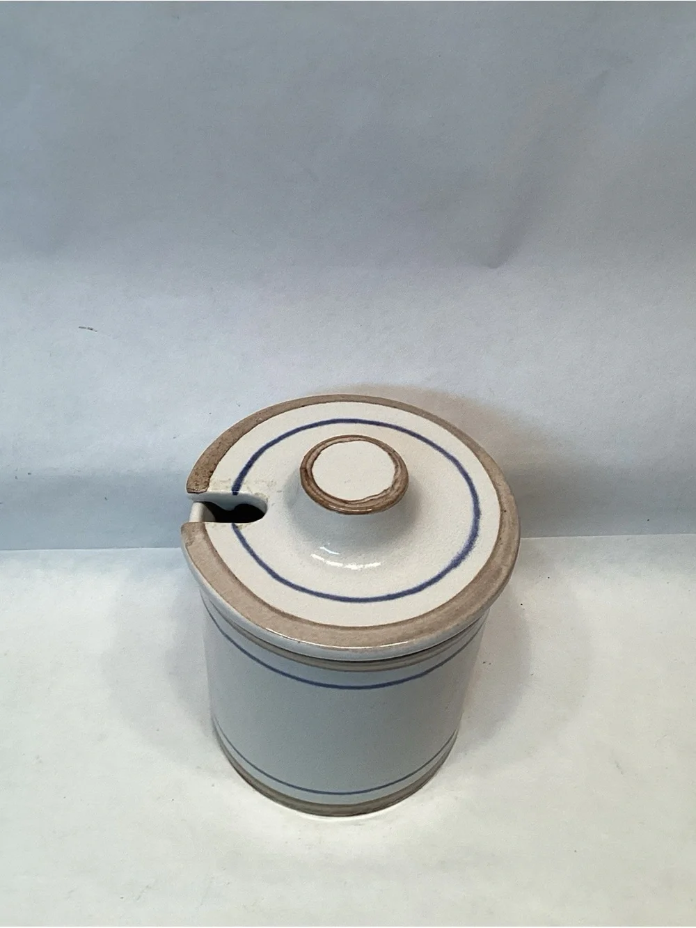 Art Pottery Studio Honey Jam Condiment Jar Stoneware Gray Blue Band Vintage